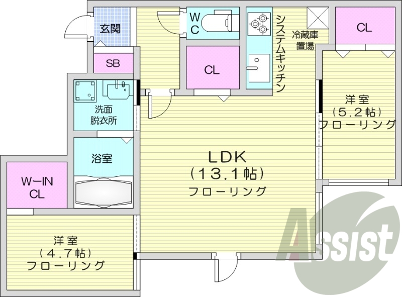 2LDK、都市ガス、エアコン、浴室乾燥機、システムキッチン
