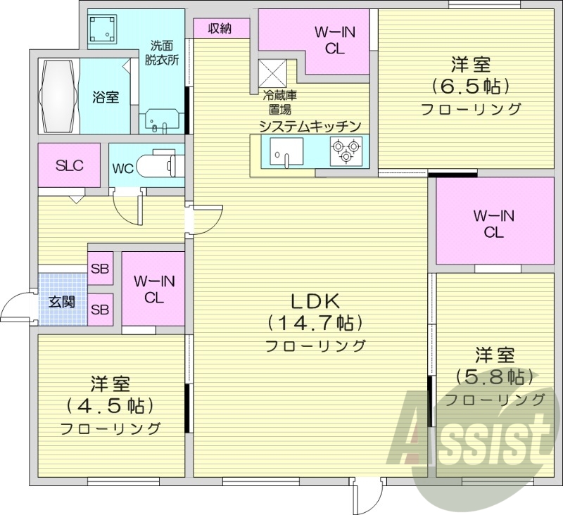 3LDK、都市ガス、エアコン、システムキッチン、独立洗面台