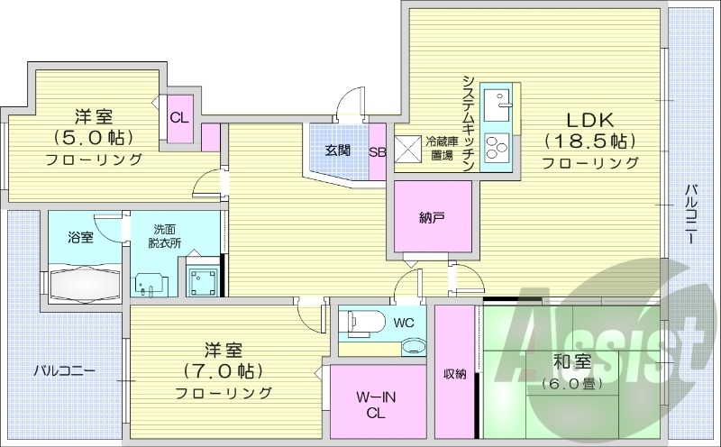 3LDK、システムキッチン、追い焚き、食洗器