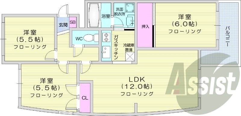 3LDK、独立洗面台、灯油暖房、トランクルーム、トイレ風呂別