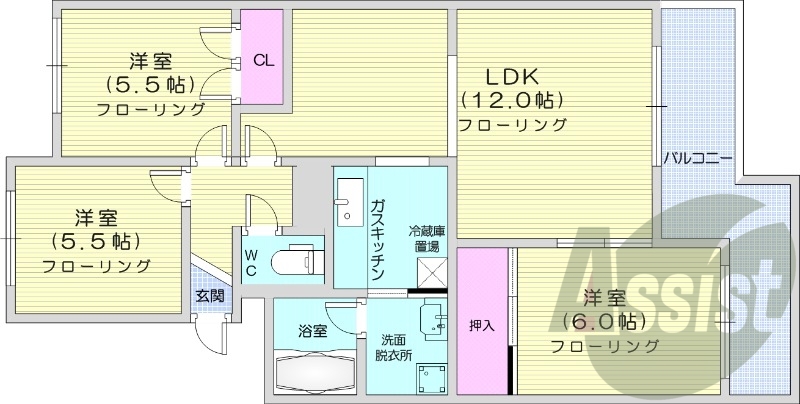3LDK、独立洗面台、灯油暖房、トランクルーム、トイレ風呂別
