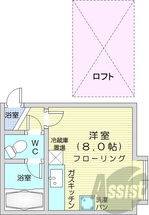 1R、バス・トイレ別、灯油暖房、ロフト、室内洗濯機置場