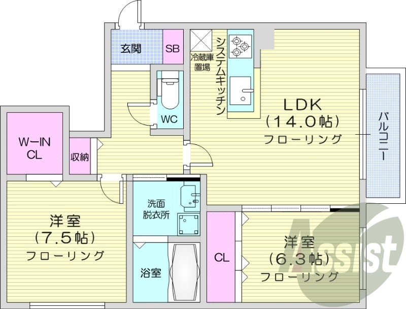 2LDK、システムキッチン、エアコン、ネット無料