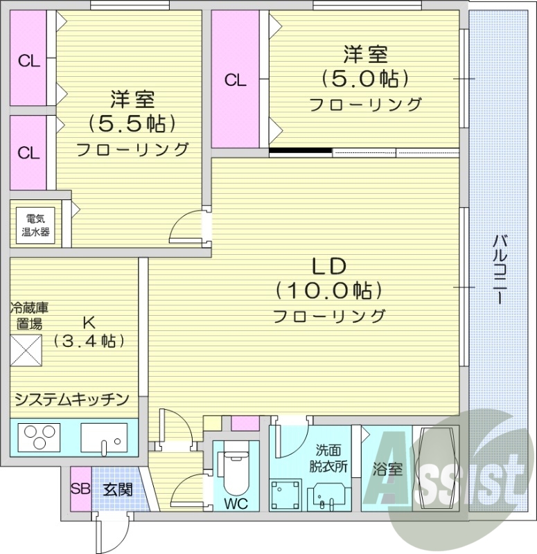 2LDK、オール電化、エアコン、システムキッチン、