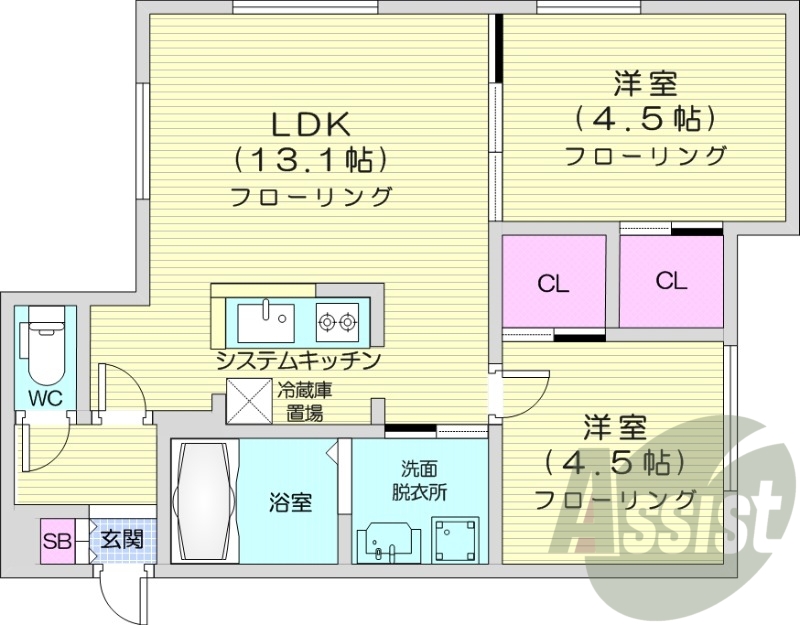 2LDK、エアコン、独立洗面台、システムキッチン、追い焚き