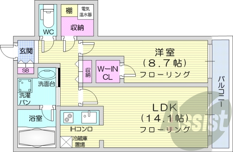 1LDK、オール電化、オートロック、ペット可、バストイレ別