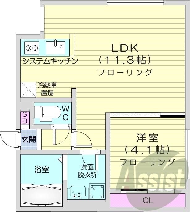 1LDK、エアコン、独立洗面台、システムキッチン、追い焚き