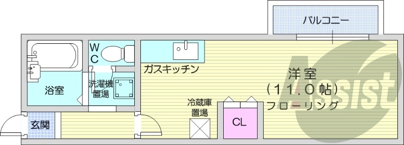 1K、角部屋、バルコニー、灯油暖房、テレビモニター