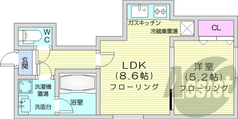 1LDK、シャワートイレ、独立洗面台、灯油暖房