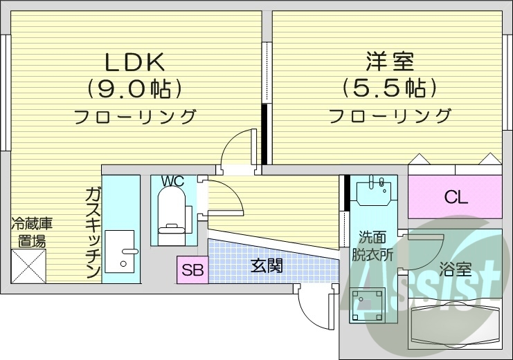 1LDK、灯油暖房、独立洗面台、バストイレ別
