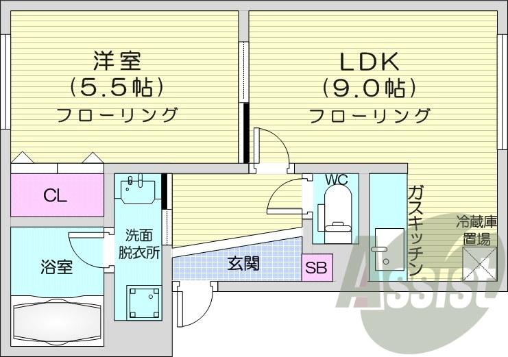 1LDK、灯油暖房、独立洗面台、バストイレ別