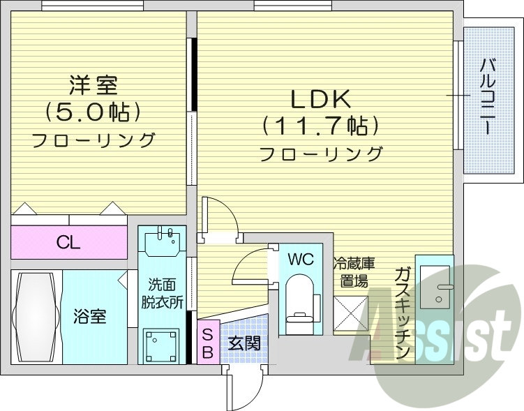 1LDK、バストイレ別、ウォークインクローゼット、独立洗面台