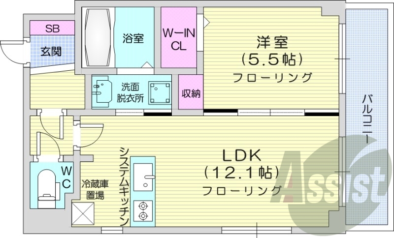 1LDK、エアコン、灯油暖房、システムキッチン