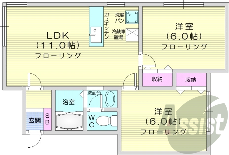 2LDK、角部屋、トイレ風呂別、灯油暖房、独立洗面台