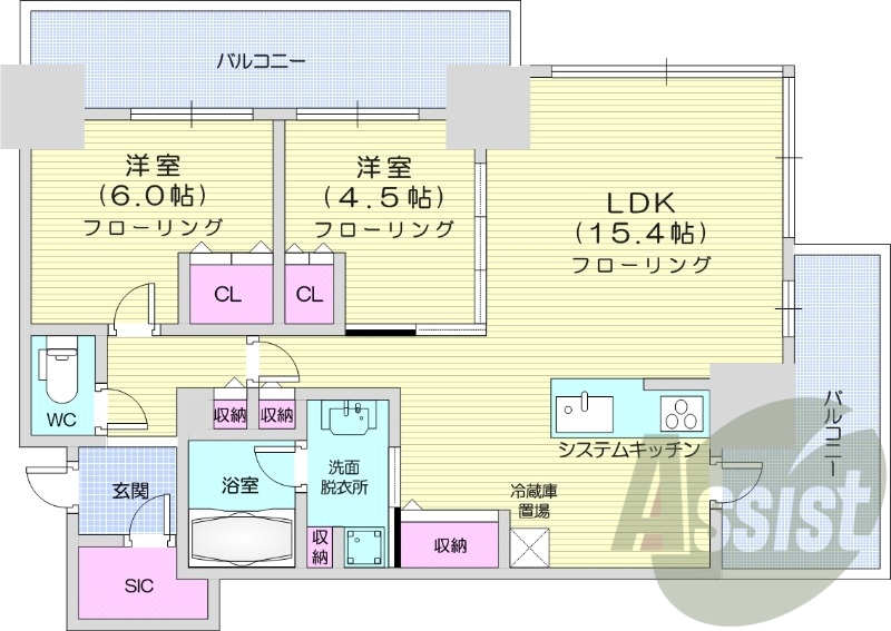 2LDK、エアコン、システムキッチン、クローゼット
