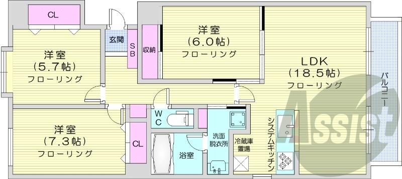 3LDK、都市ガス、分譲、システムキッチン、