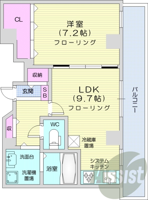 1LDK、エレベーター、都市ガス、システムキッチン、ガス暖房