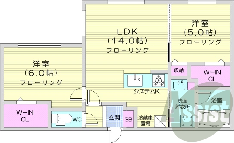 2LDK、都市ガス、エアコン、独立洗面台、システムキッチン