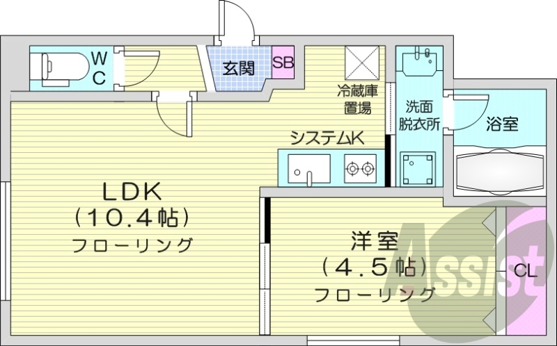 1LDK、都市ガス、エアコン、独立洗面台、システムキッチン