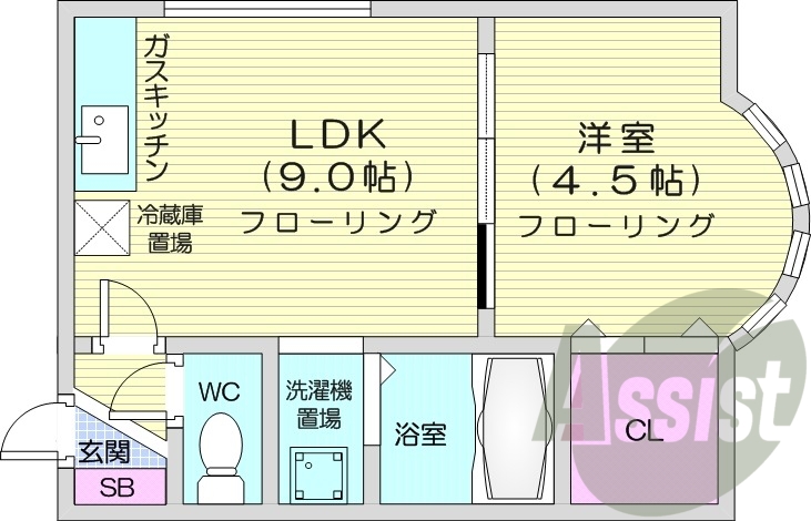 1LDK、バストイレ別、灯油暖房、トランクルーム