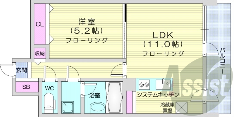 1LDK、都市ガス、エアコン、洗面台、システムキッチン