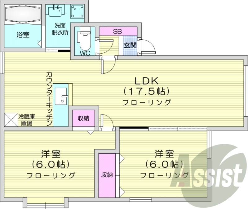 2LDK、ガスキッチン、独立洗面台