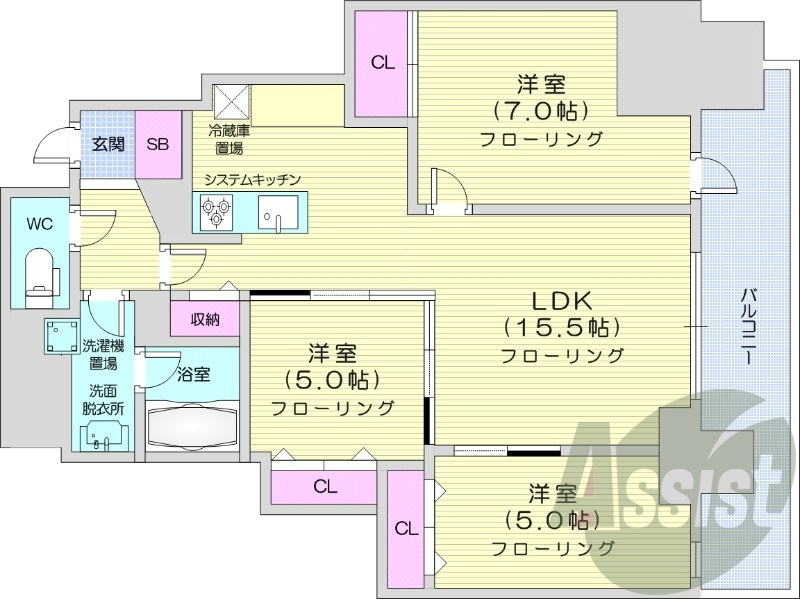3LDK、都市ガス、追い焚き、浴室乾燥機、システムキッチン