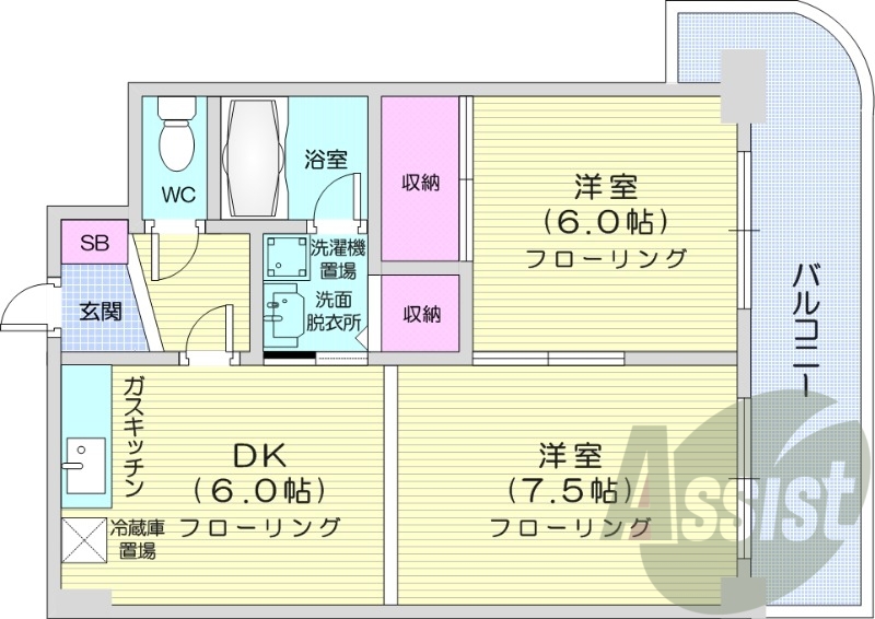 2DK、オートロック、バストイレ別、最上階、ガス給湯