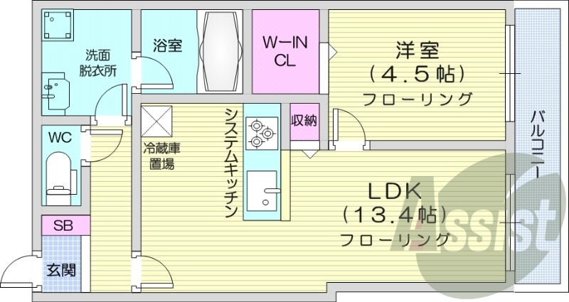 1LDK、システムキッチン、シャワートイレ、追い焚き