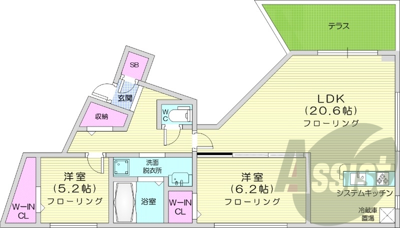 2LDK、都市ガス、システムキッチン、エアコン、ペット可