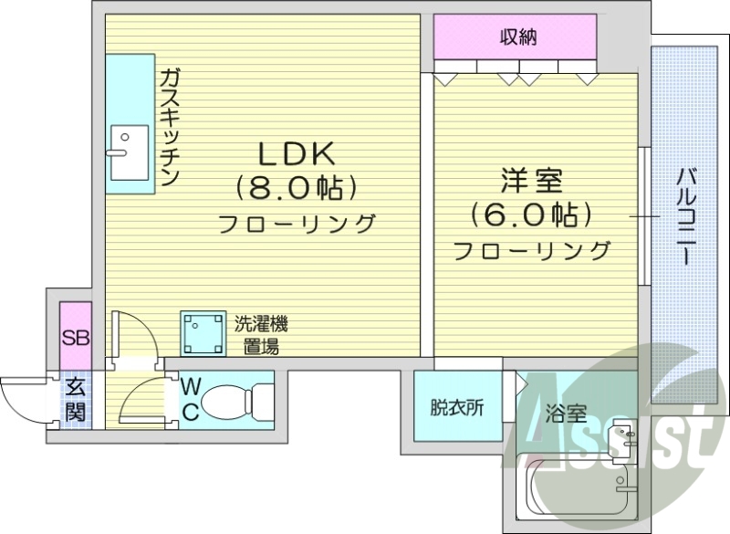1LDK、収納、洗濯機置場、ガス暖房、エアコン