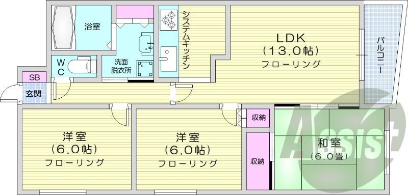 3LDK、オートロック、防犯カメラ、南向き、風呂トイレ別、
