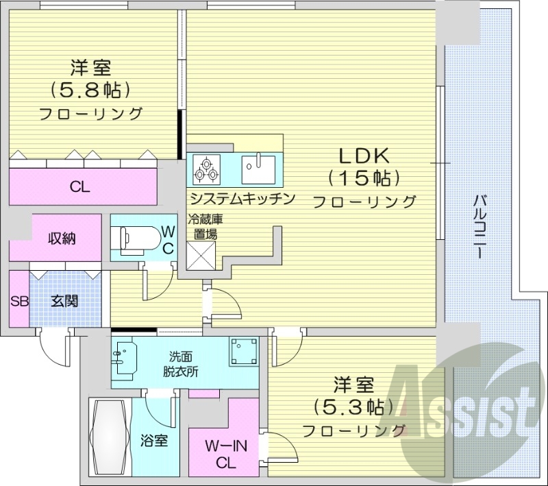 2LDK、都市ガス、エアコン、システムキッチン、追い焚き