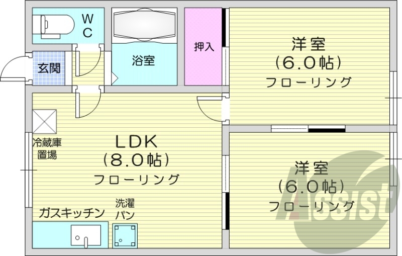 2LDK、灯油暖房、温水洗浄便座、バストイレ別