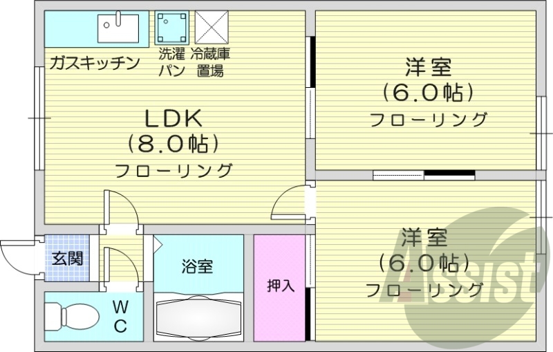 2LDK、灯油暖房、室内洗濯機置場、バストイレ別