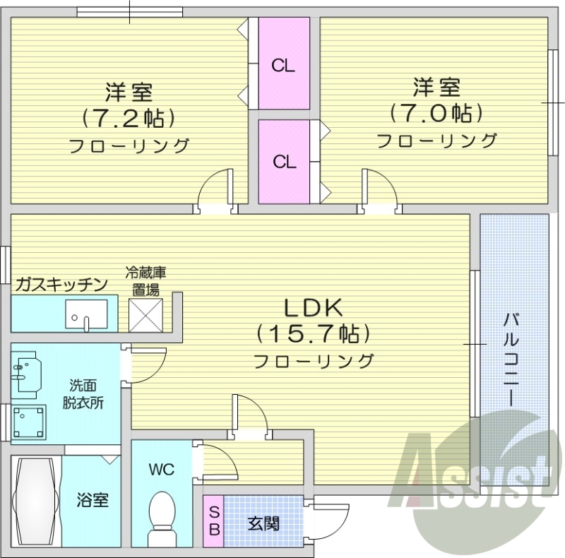 2LDK、灯油暖房、シャンドレ、トイレ風呂別、室内洗濯機置場