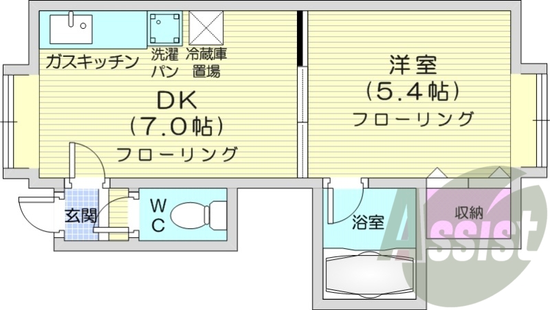 1DK、バストイレ別、エアコン、室内洗濯機置き場