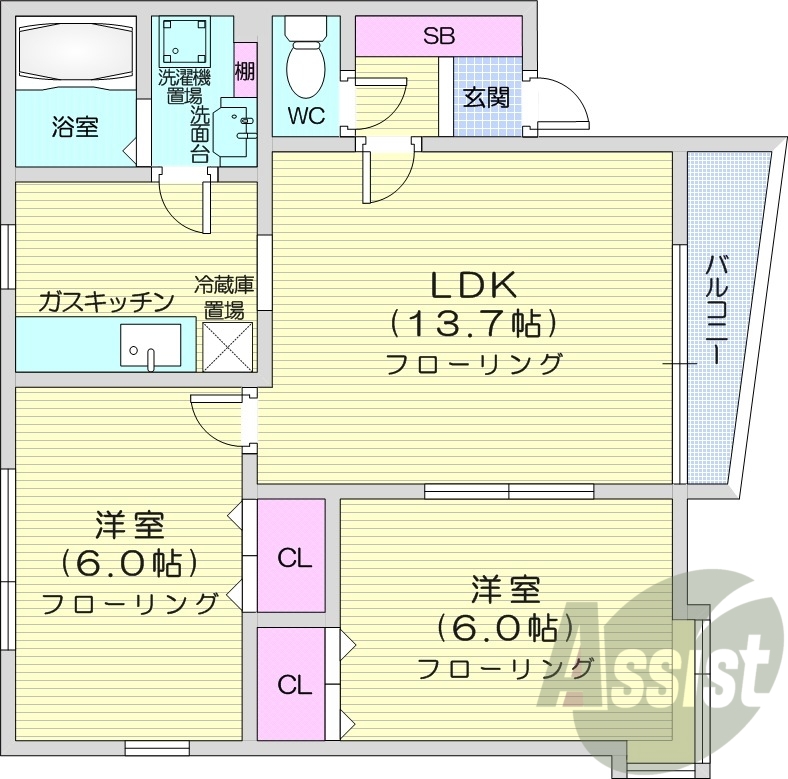 2LDK、トランクルーム、バルコニー、灯油暖房