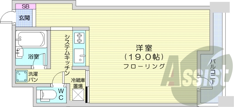1K、エアコン、都市ガス、システムキッチン、シャワートイレ