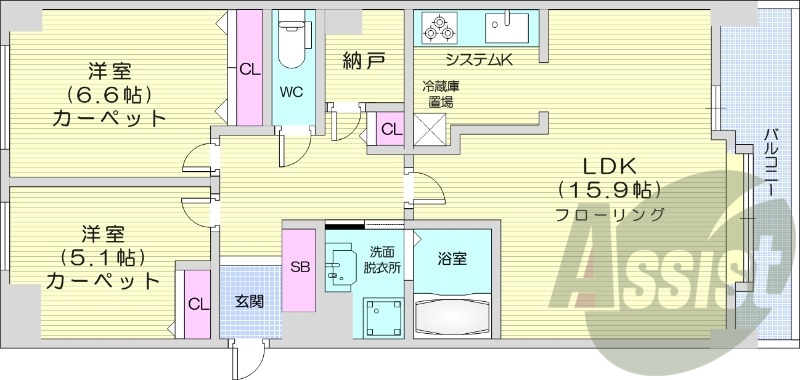 2LDK、オートロック、都市ガス、TVモニターホン