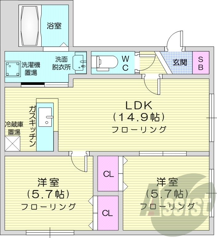 2LDK、対面キッチン、シャワートイレ、独立洗面台