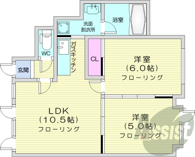 2LDK、収納、角部屋、都市ガス、灯油暖房
