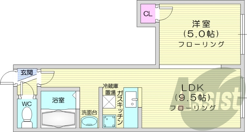 1LDK、バストイレ別、灯油FF暖房、独立洗面台、