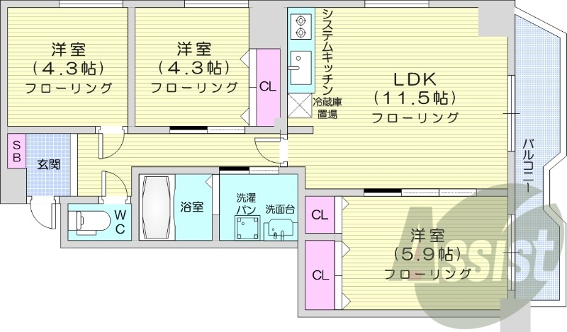 3LDK、都市ガス、シャワートイレ、システムキッチン
