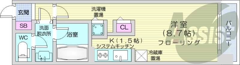 1K、都市ガス、エアコン、追い焚き、浴室乾燥機