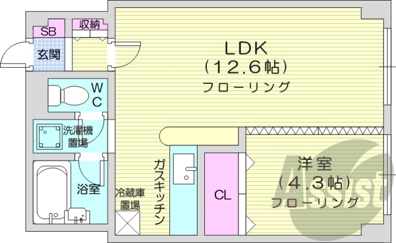 1LDK、灯油暖房、バストイレ別、室内洗濯機置き場