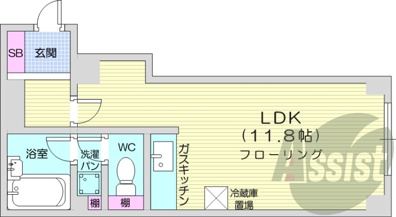 1LDK、灯油暖房、バストイレ別、室内洗濯機置き場