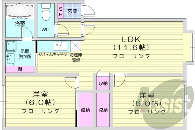 2LDK、敷地内駐車場、灯油暖房、光ファイバー