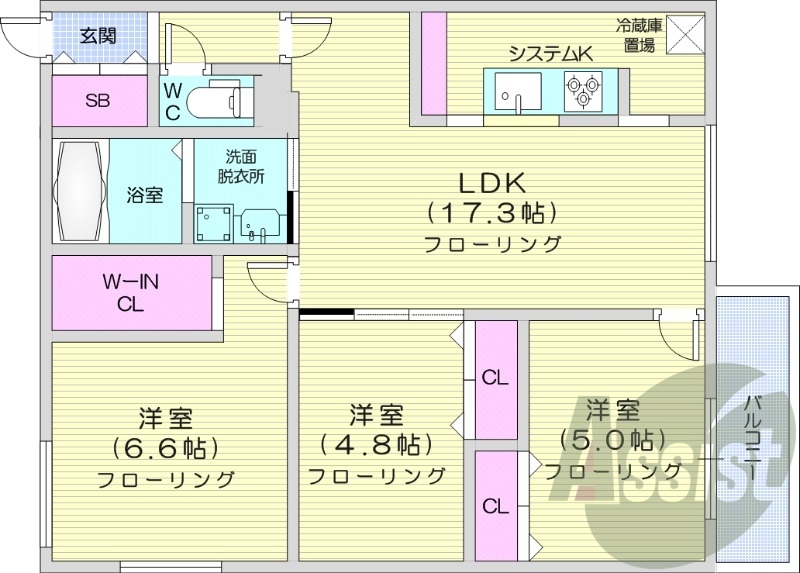 3LDK、都市ガス、エアコン、追い焚き、浴室乾燥機