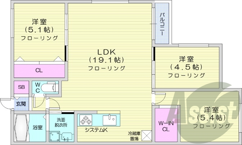 3LDK、都市ガス、エアコン、追い焚き、浴室乾燥機